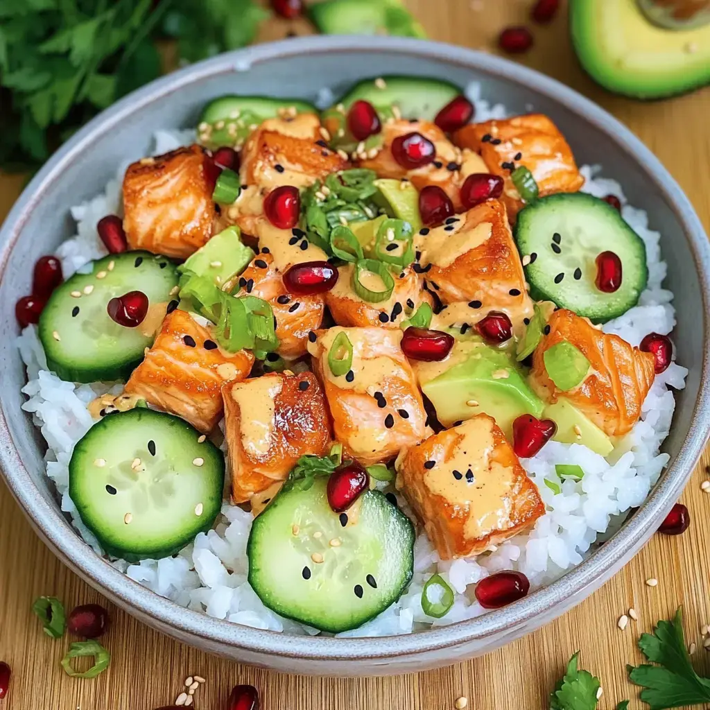 Un bowl con arroz, salmón dorado, rodajas de pepino, aguacate, granada y una salsa cremosa, decorado con cebollín y sésamo.