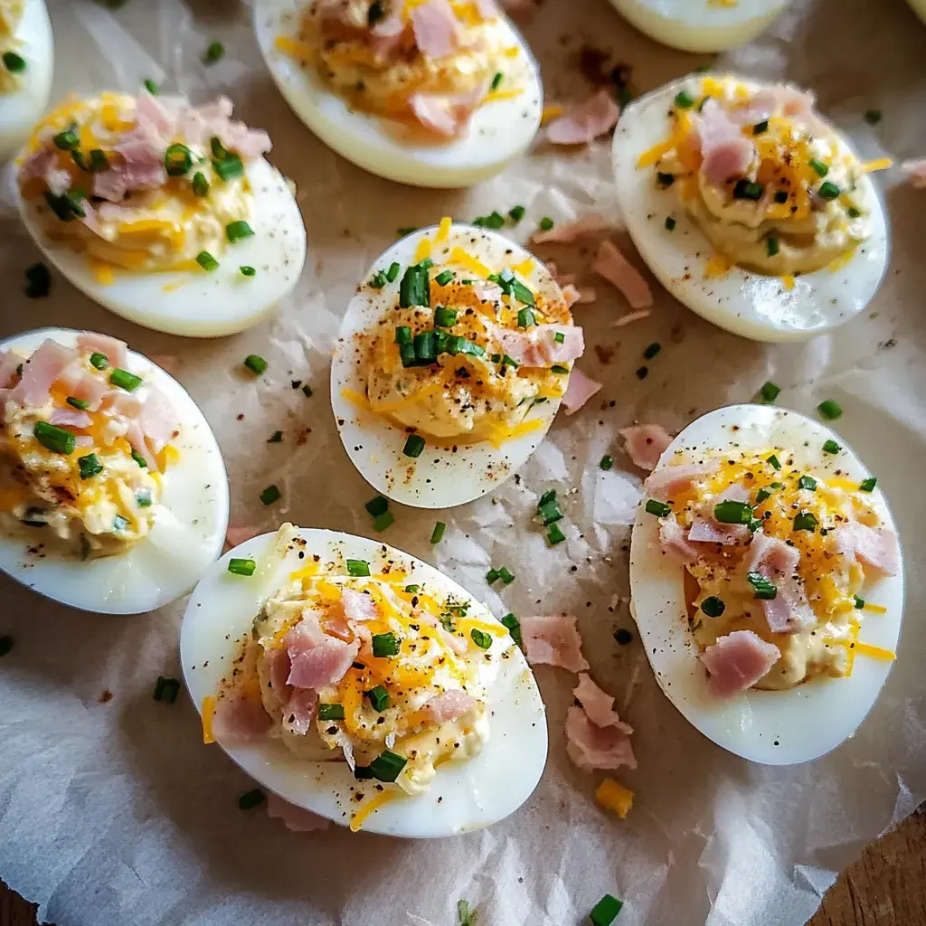 Un plato con huevos rellenos, decorados con queso, tocino y cebollín.