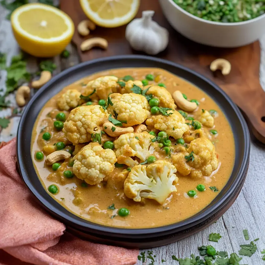 Un plato con coliflor y guisantes en salsa cremosa, decorado con cilantro y anacardos, rodeado de limón y ajo.