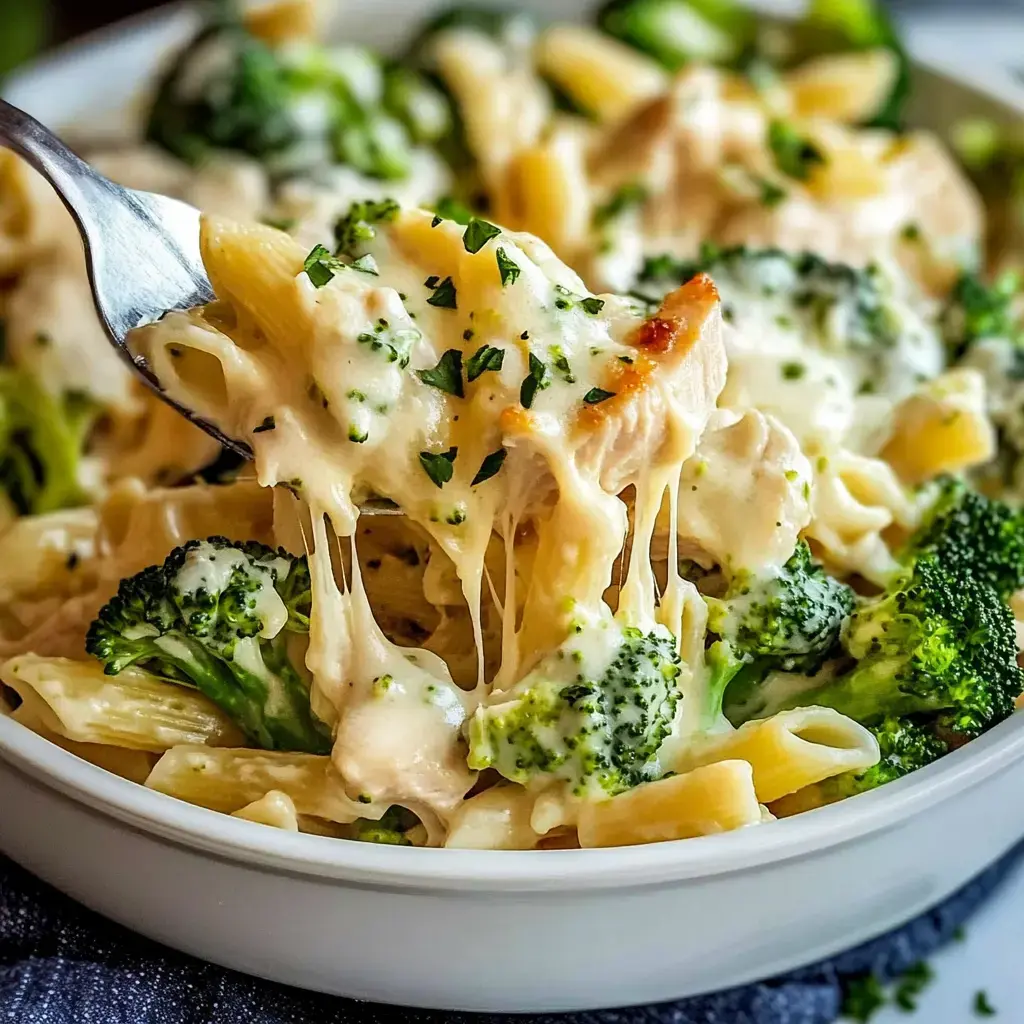Un plato de pasta con brócoli y queso derretido servido en un bol.