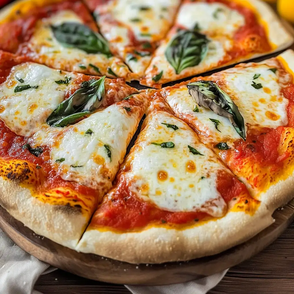 Una pizza fresca con mozzarella, salsa de tomate y albahaca cortada en seis porciones.