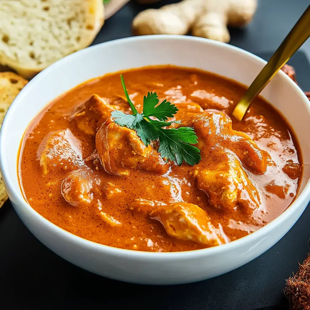 Un bol con salsa de curry cremosa de pollo, decorado con cilantro fresco, acompañado de pan y jengibre.