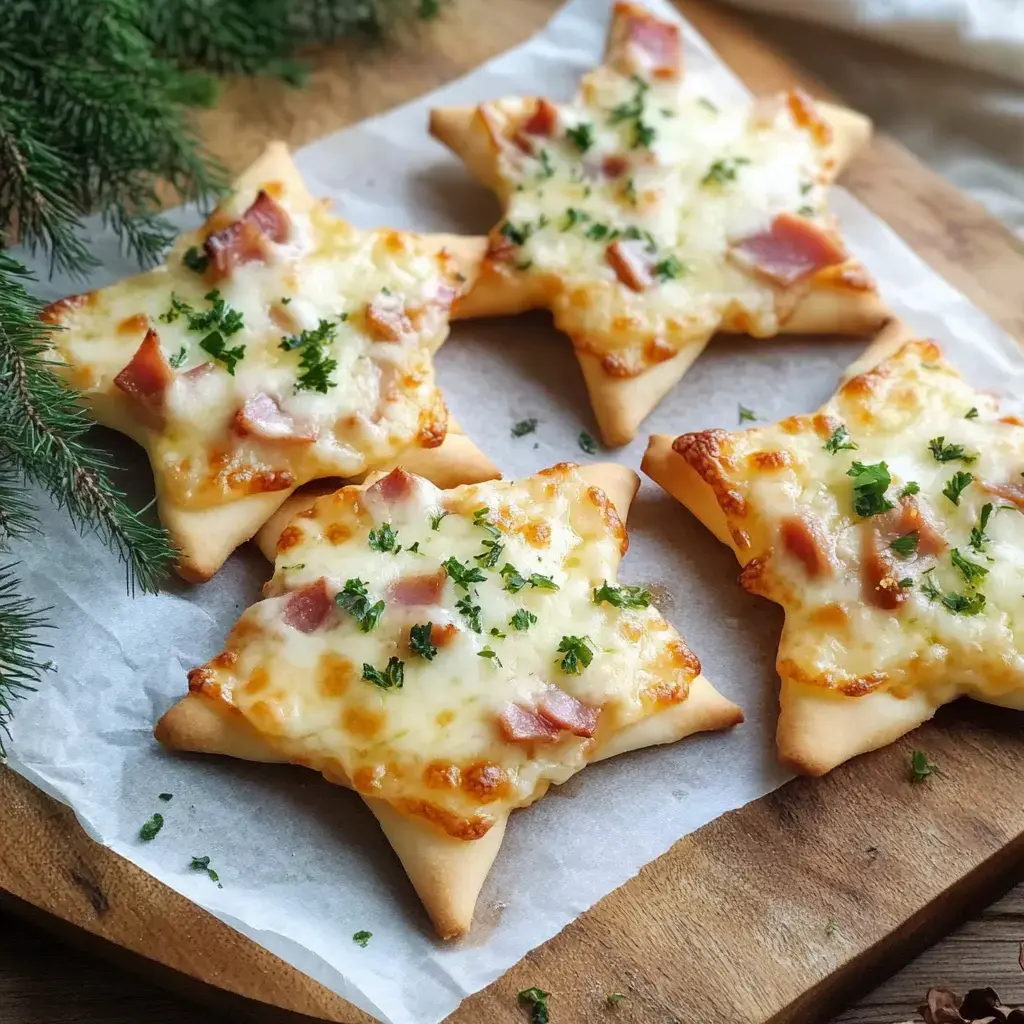 En la imagen, snacks en forma de estrella con queso, jamón y perejil sobre una tabla de madera.