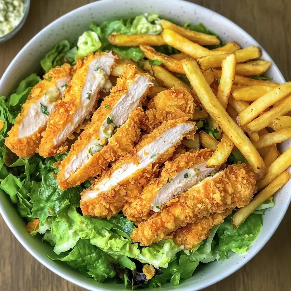 Una Bowl con pollo frito sobre una cama de ensalada verde, acompañada de papas fritas.