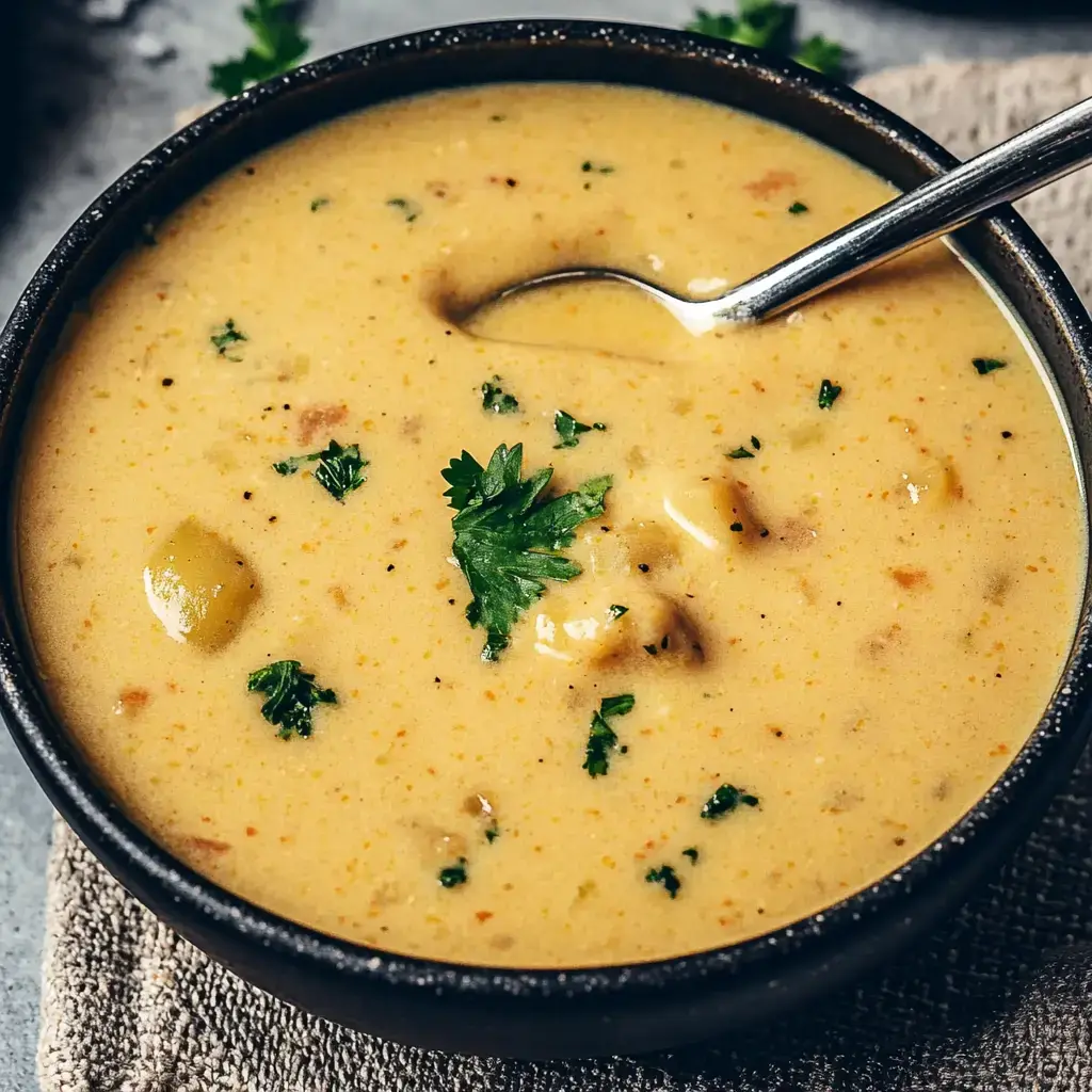 Un bowl con sopa cremosa, decorada con cilantro fresco y trocitos de verdura.