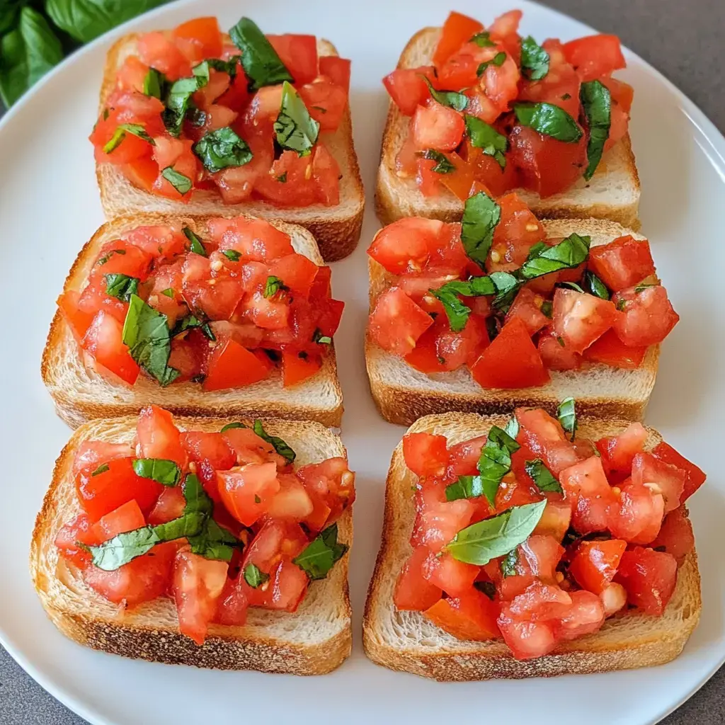 Un plato con seis rebanadas de pan tostado cubiertas con una mezcla de tomates y albahaca fresca.