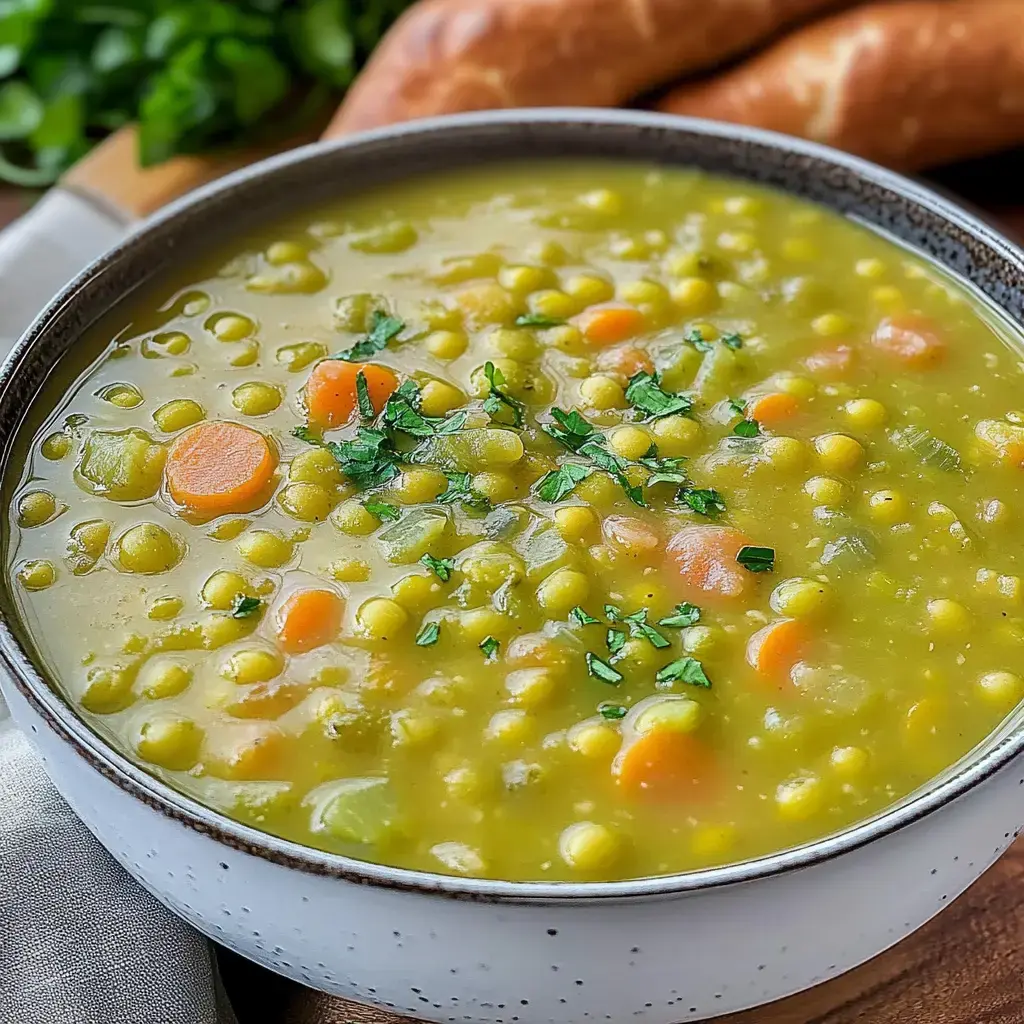 Un plato caliente de sopa de guisantes decorado con hierbas frescas, con pretzels alrededor.