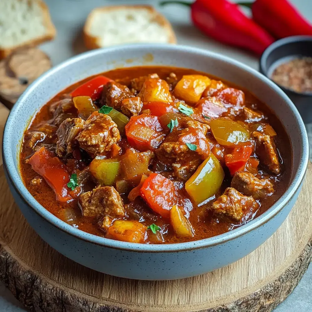 Un cuenco profundo lleno de un guiso sabroso con carne, vegetales de colores y hierbas frescas, acompañado de pan y pimientos rojos.