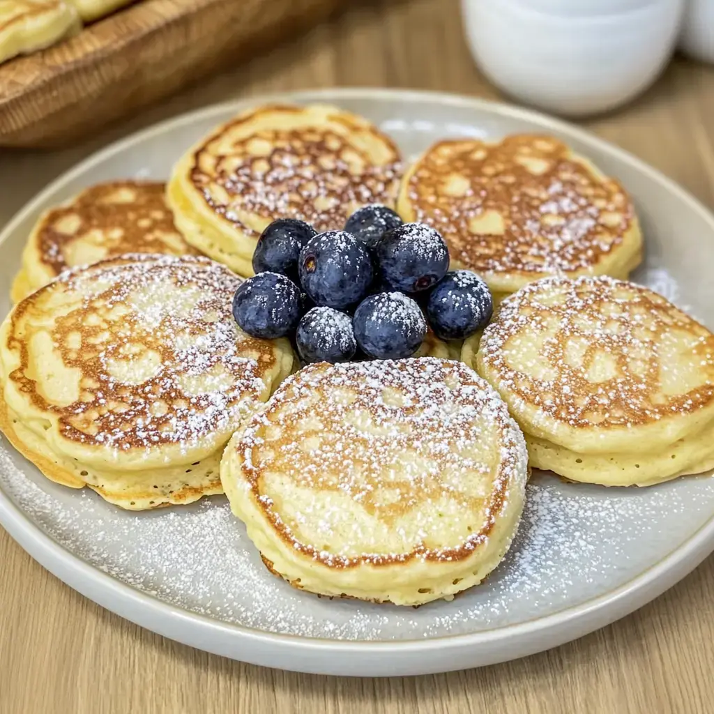 Un plato con tortitas recién hechas, decoradas con arándanos y azúcar glas.