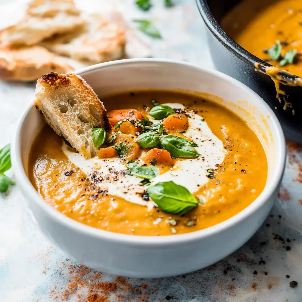 Un bol de sopa cremosa de calabaza decorada con crema, hierbas frescas y un trozo de pan.