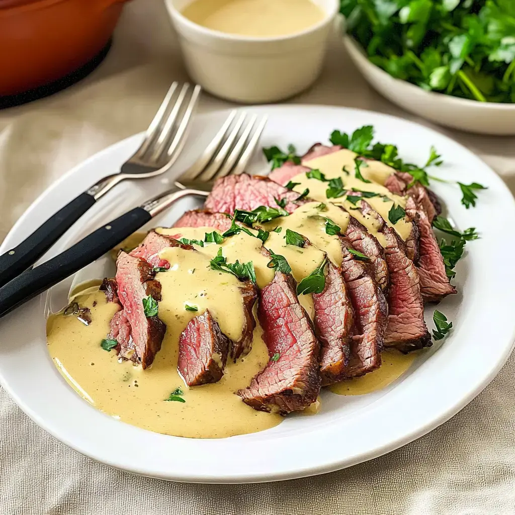 Carne de res tierna, cortada fina y servida con una cremosa salsa y perejil fresco en un plato blanco.