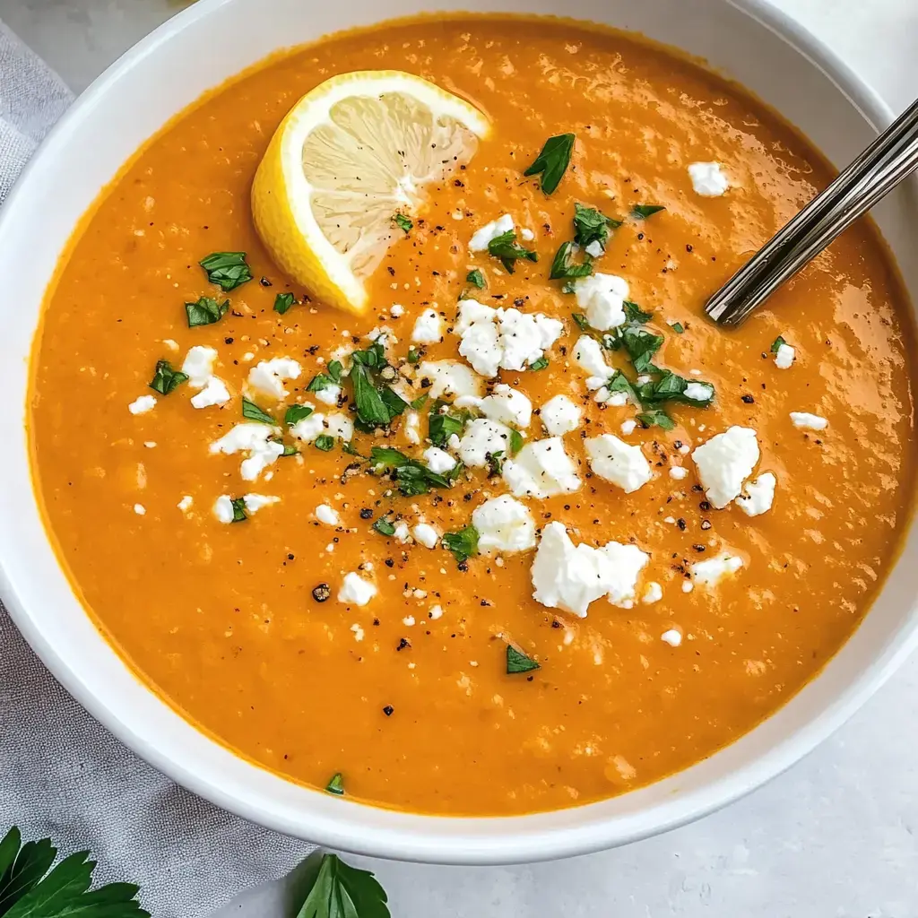 Un cuenco con sopa naranja, adornada con rodajas de limón, perejil fresco picado y queso desmenuzado.