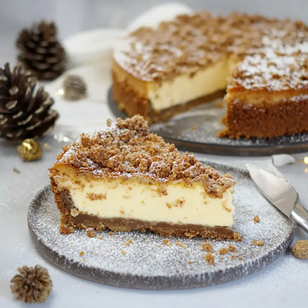 Un cheesecake en un plato con una capa crujiente de migas, decorado con piñas y esferas doradas.