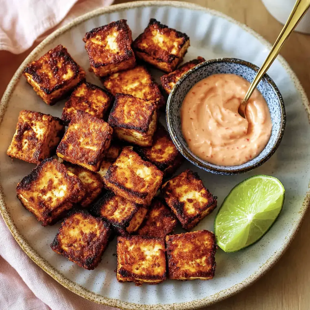 Un plato con cubos de tofu dorado, acompañado de una salsa picante para mojar y un trozo de lima.