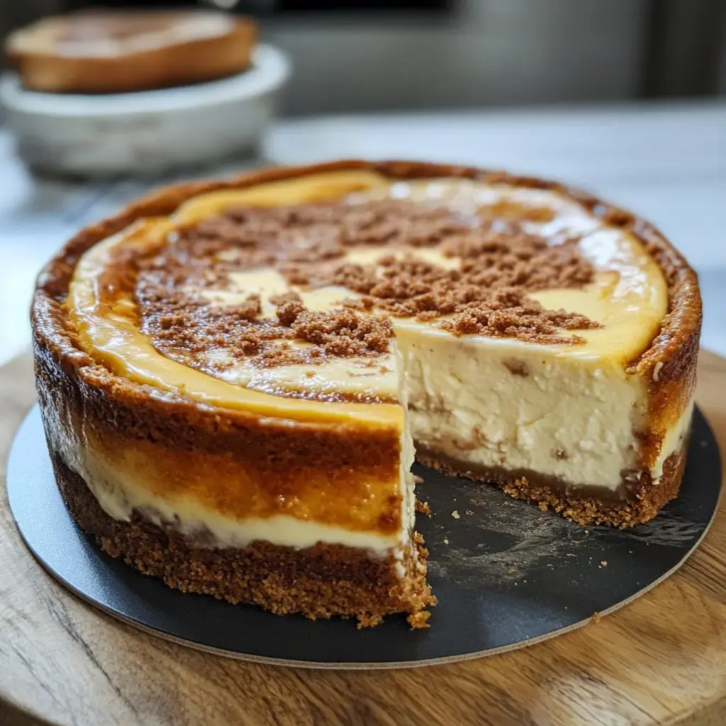 Un cheesecake con base de galleta y una porción ya cortada sobre una superficie de madera.