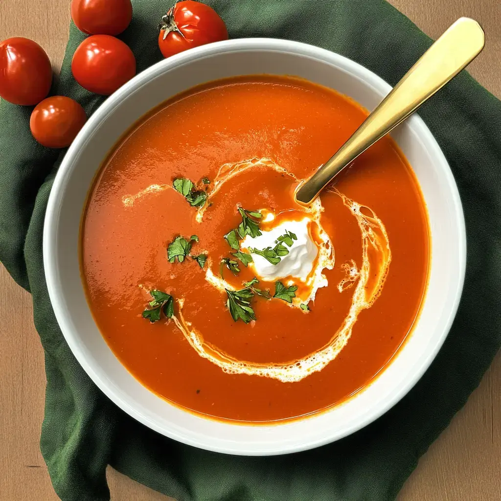 Un tazón de sopa de tomate con un toque de crema y hierbas frescas, rodeado de tomates cherry.