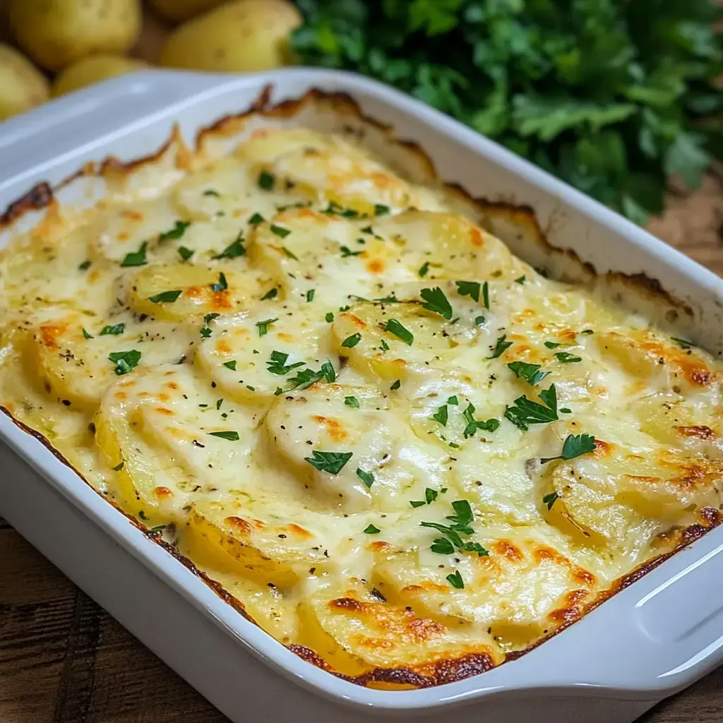 Un plato gratinado con capas de patatas y una salsa cremosa de queso, decorado con perejil fresco.