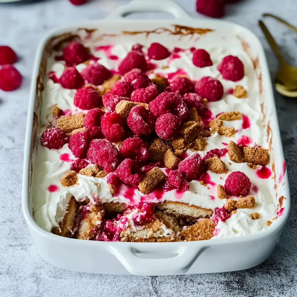 Un tiramisú en una fuente blanca, cubierto con nata, frambuesas y galletas trituradas.