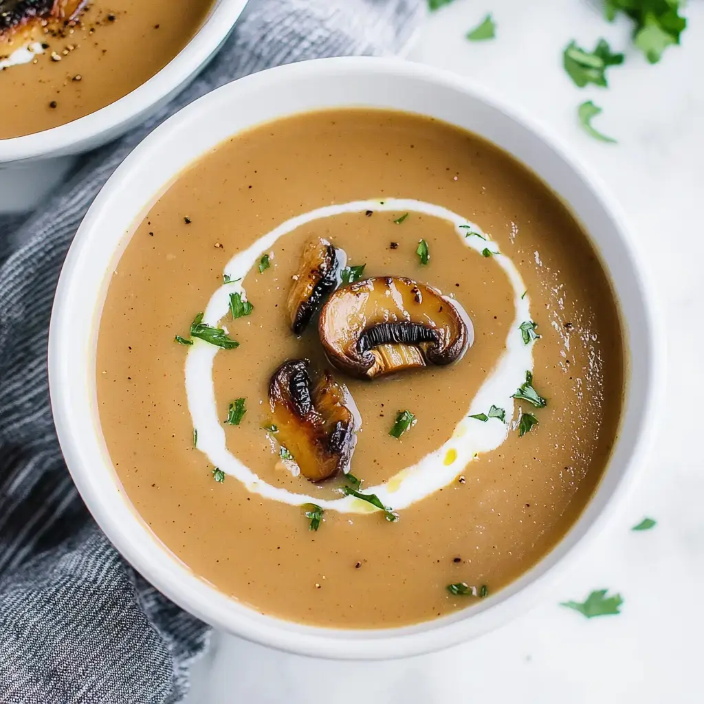 Una sopa cremosa de champiñones con un remolino de nata y champiñones salteados, adornada con hierbas frescas.
