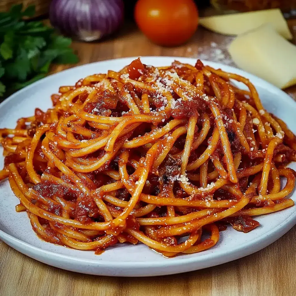 Un plato de Spaghetti con salsa de tomate, decorado con queso parmesano y rodeado de ingredientes frescos.