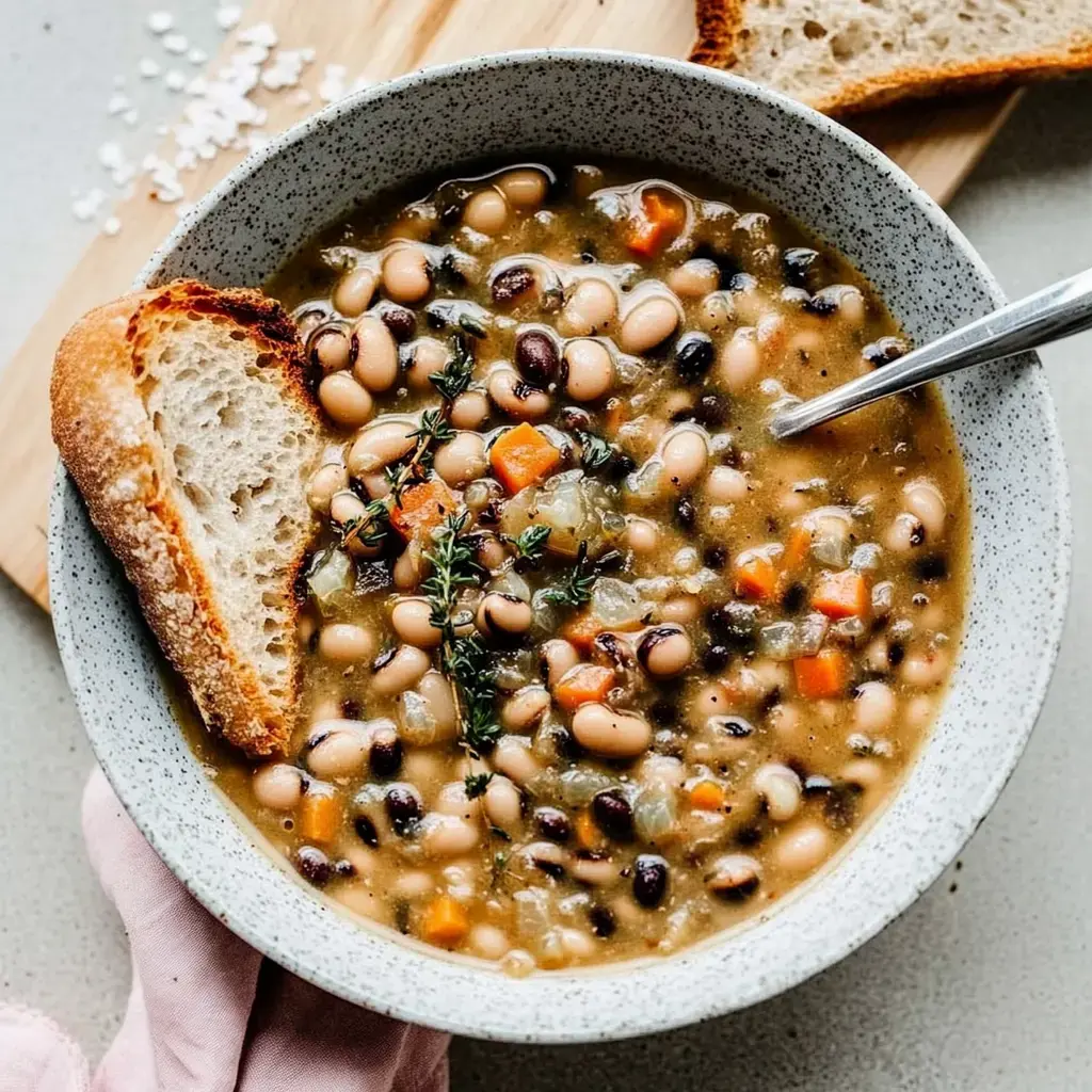 Un plato hondo con estofado espeso de frijoles, decorado con tomillo fresco y acompañado de una rebanada de pan.