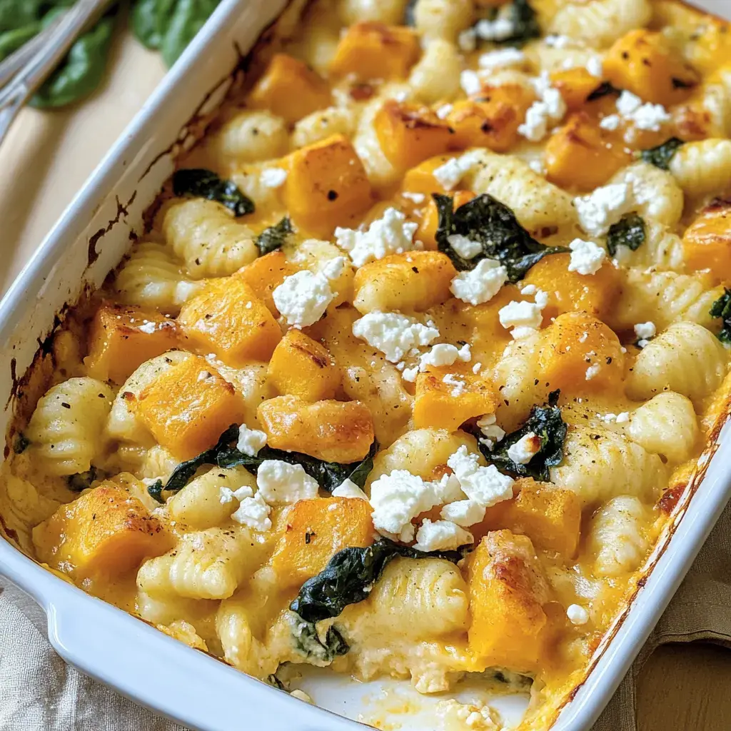 Un gratinado con gnocchi, trozos de calabaza y espinacas, cubierto con queso feta desmenuzado.