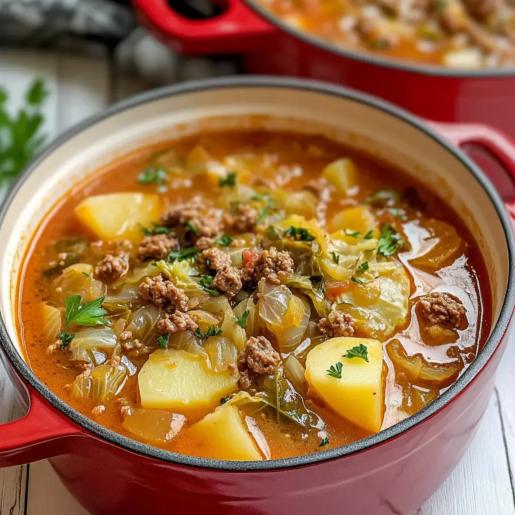 Una olla roja con un guiso lleno de col, papas y carne picada, decorado con perejil fresco.
