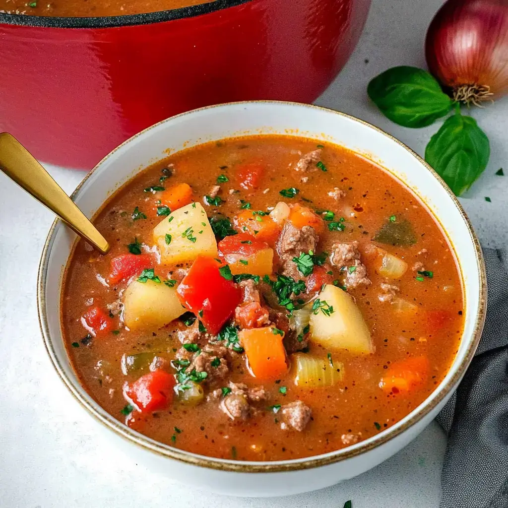Un tazón de guiso lleno de verduras, trozos de carne y hierbas frescas, acompañado de una olla grande y una cebolla.