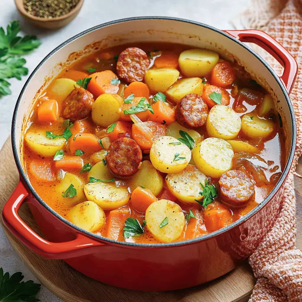Cacerola roja con un delicioso estofado de papas, zanahorias y salchicha, decorado con perejil fresco.