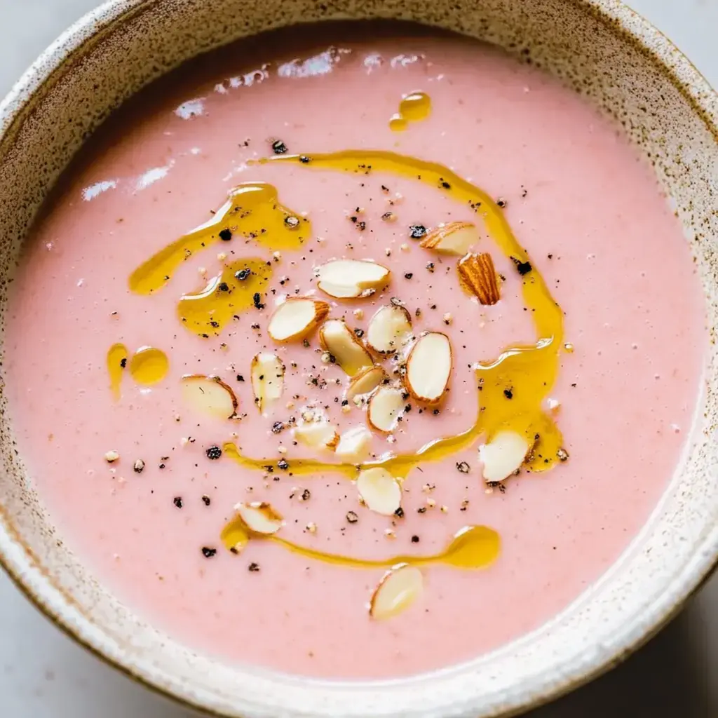 Tazón de sopa rosada decorado con almendras y un toque de aceite de oliva.