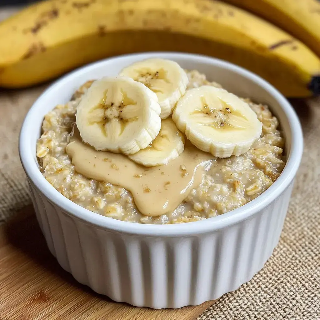 Un tazón de avena decorado con rodajas de plátano y crema de cacahuate sobre una mesa de madera, con un fondo donde se ven plátanos.