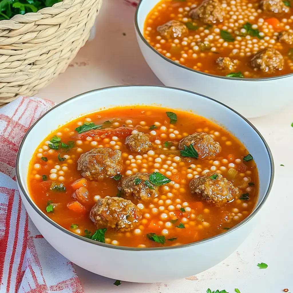 Un tazón con sopa de albóndigas que incluye pastas pequeñas y hierbas frescas, junto a una cesta tejida.