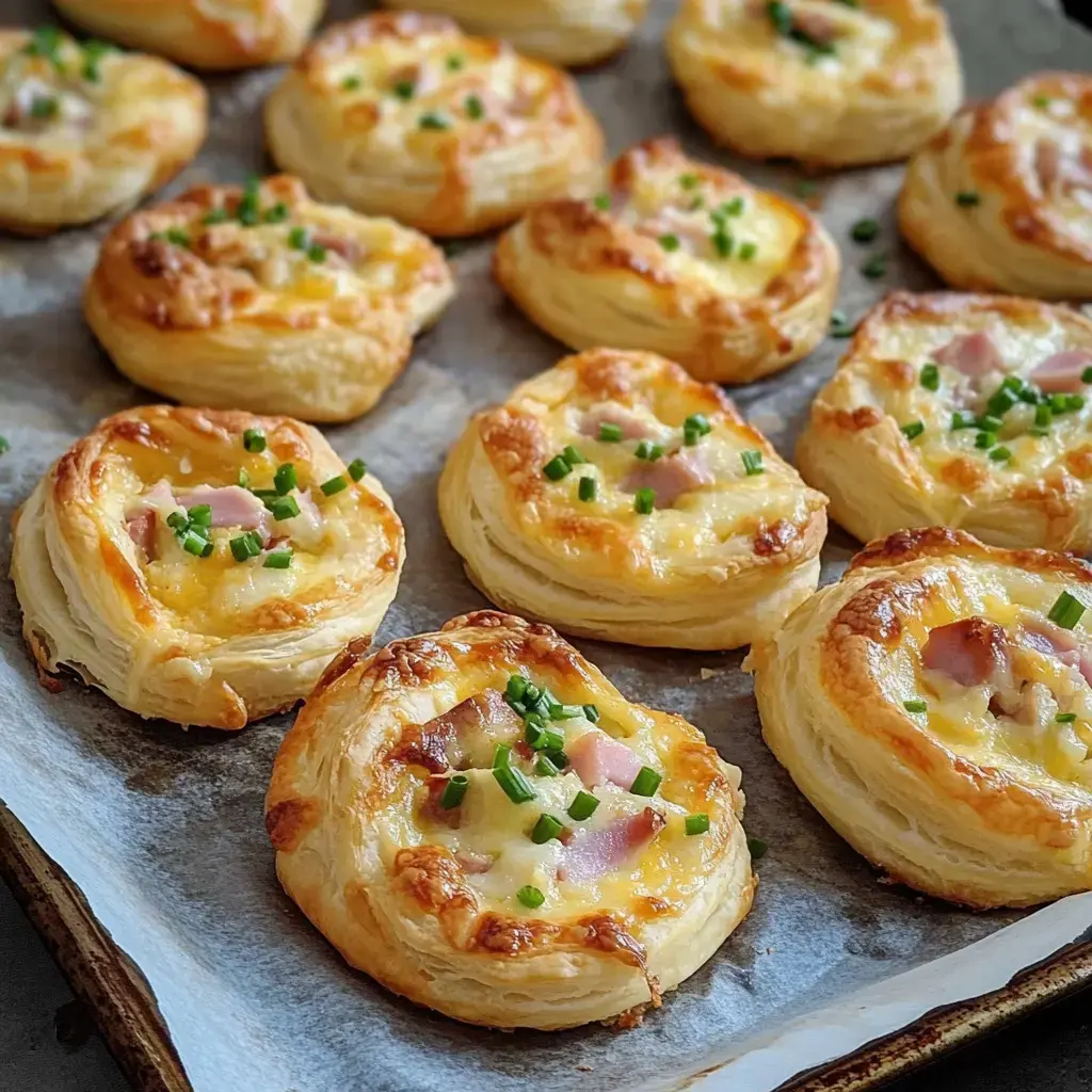Rollitos dorados de hojaldre con queso, jamón y cebollino sobre una bandeja para hornear.