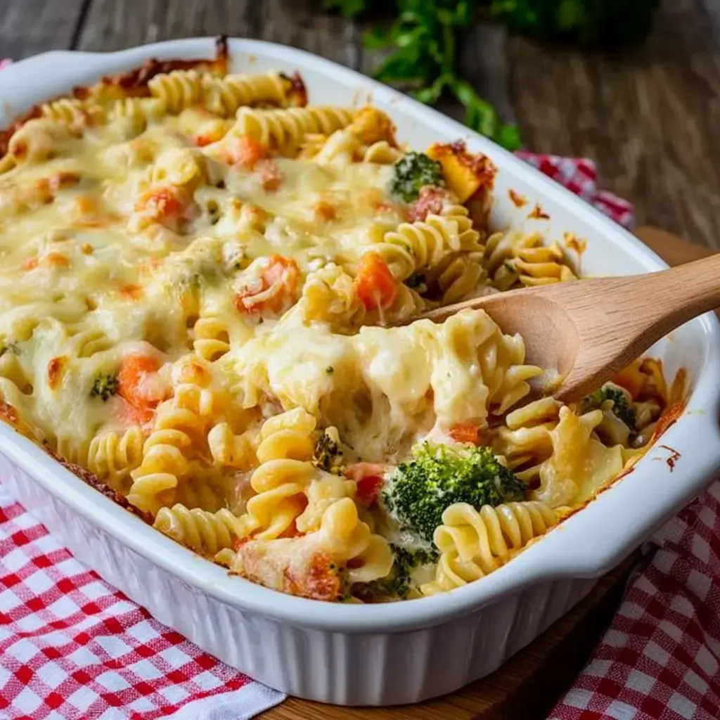 Una cazuela con pasta tipo espiral, brócoli y queso derretido en un recipiente blanco para hornear.