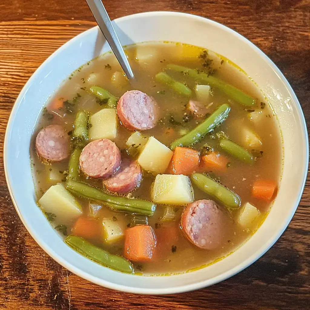 Un plato de sopa de verduras con salchichas, judías verdes, zanahorias y trozos de patata.