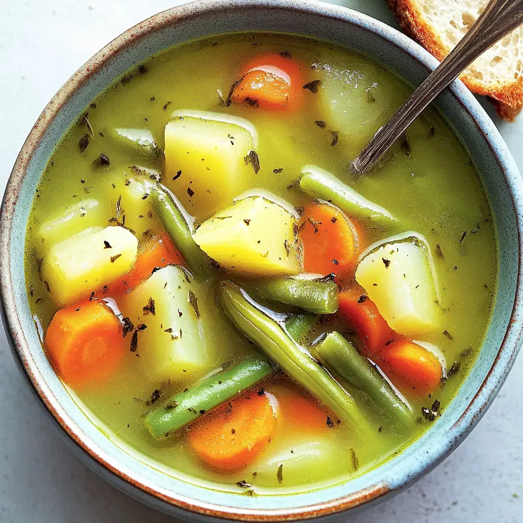 Un cuenco de guiso con patatas, zanahorias y judías verdes en un caldo claro.