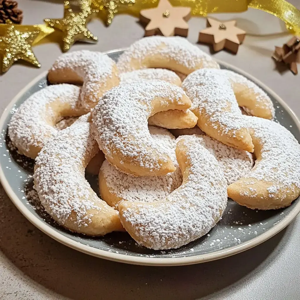 En la imagen hay un plato repleto de dulces en forma de media luna, espolvoreados con azúcar glas y rodeados de decoración festiva.