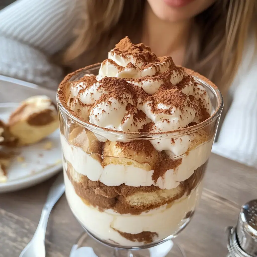 Un vaso con postre de Tiramisú: bizcochos de soletilla, crema de mascarpone y cacao en polvo por encima.
