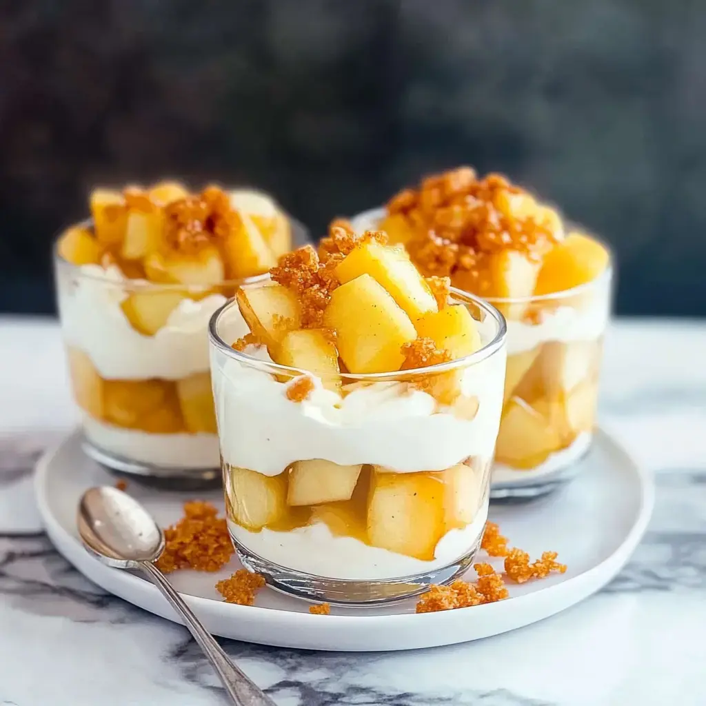 Tres vasos con capas de manzanas, crema y azúcar caramelizado en un plato.
