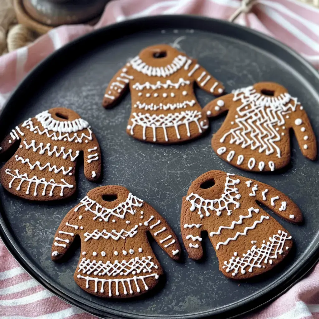 Cinco galletas navideñas decoradas sobre una bandeja negra.