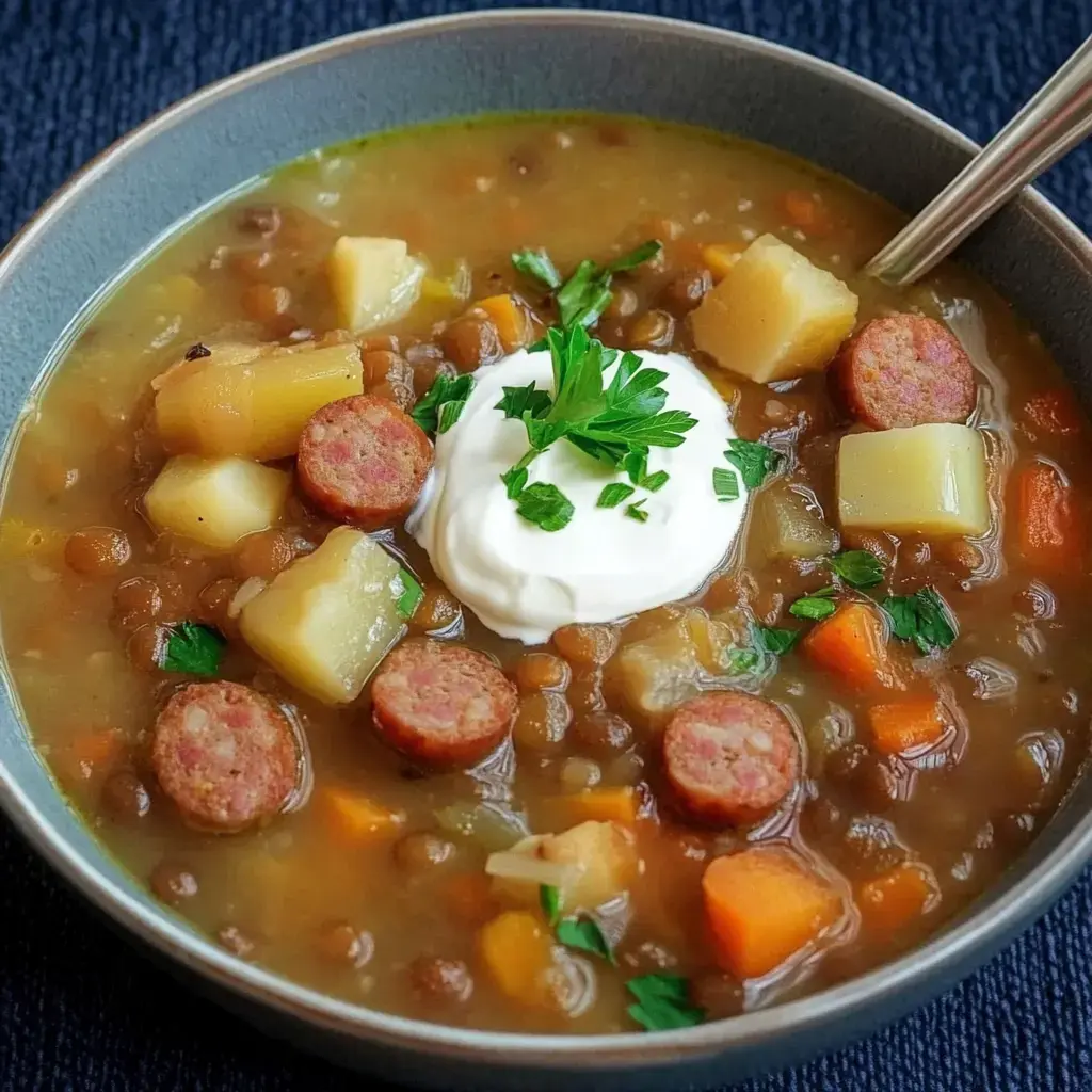 Un plato de sopa de lentejas con rodajas de salchicha, papas, zanahorias y una cucharada de crema agria encima, adornado con perejil fresco.
