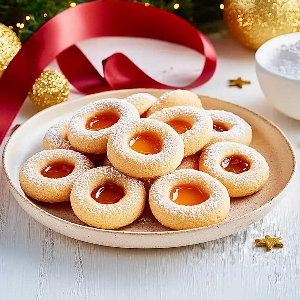 Un plato con galletas redondas rellenas de mermelada en el centro, espolvoreadas con azúcar glass y decoradas de manera festiva.