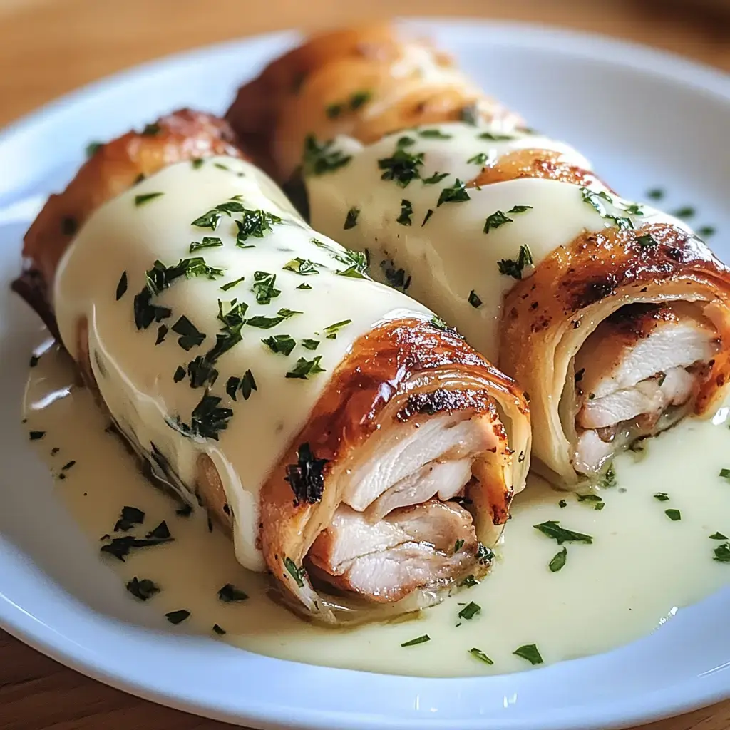 Dos rollitos de carne rellenos con jamón, queso y bañados en una cremosa salsa, decorados con hierbas frescas en un plato blanco.
