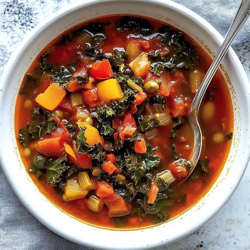 Un tazón con sopa de verduras colorida que incluye tomate, pimentón, col rizada y más ingredientes.