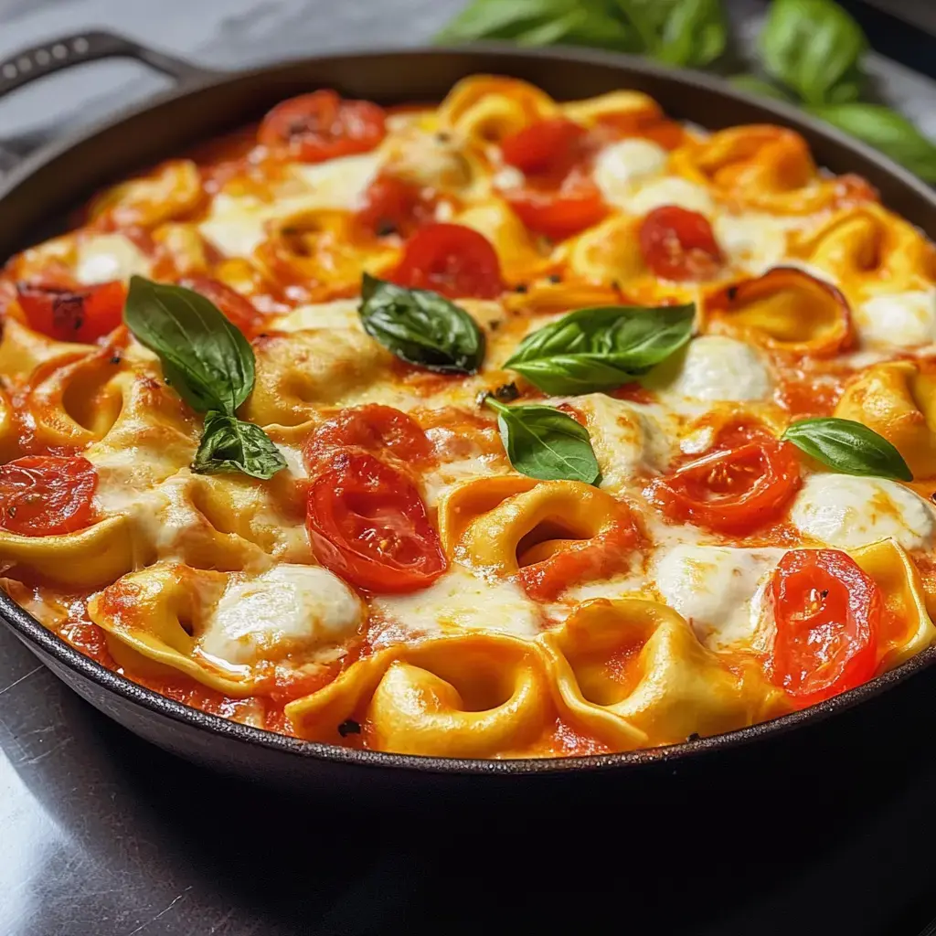 Una pasta al horno con tortellini, tomates cherry, mozzarella derretido y albahaca fresca en una sartén.
