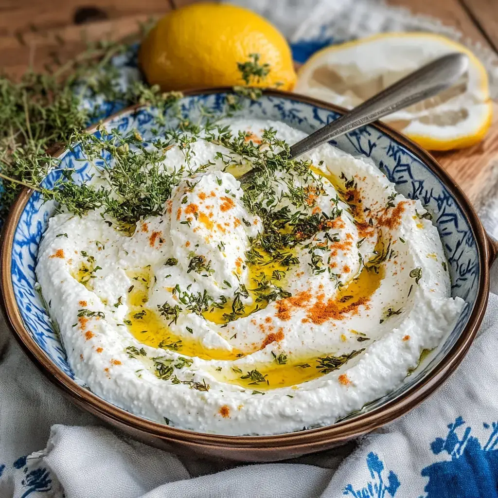 Un plato con yogur cremoso decorado con aceite de oliva, tomillo fresco y pimentón, junto a un limón.