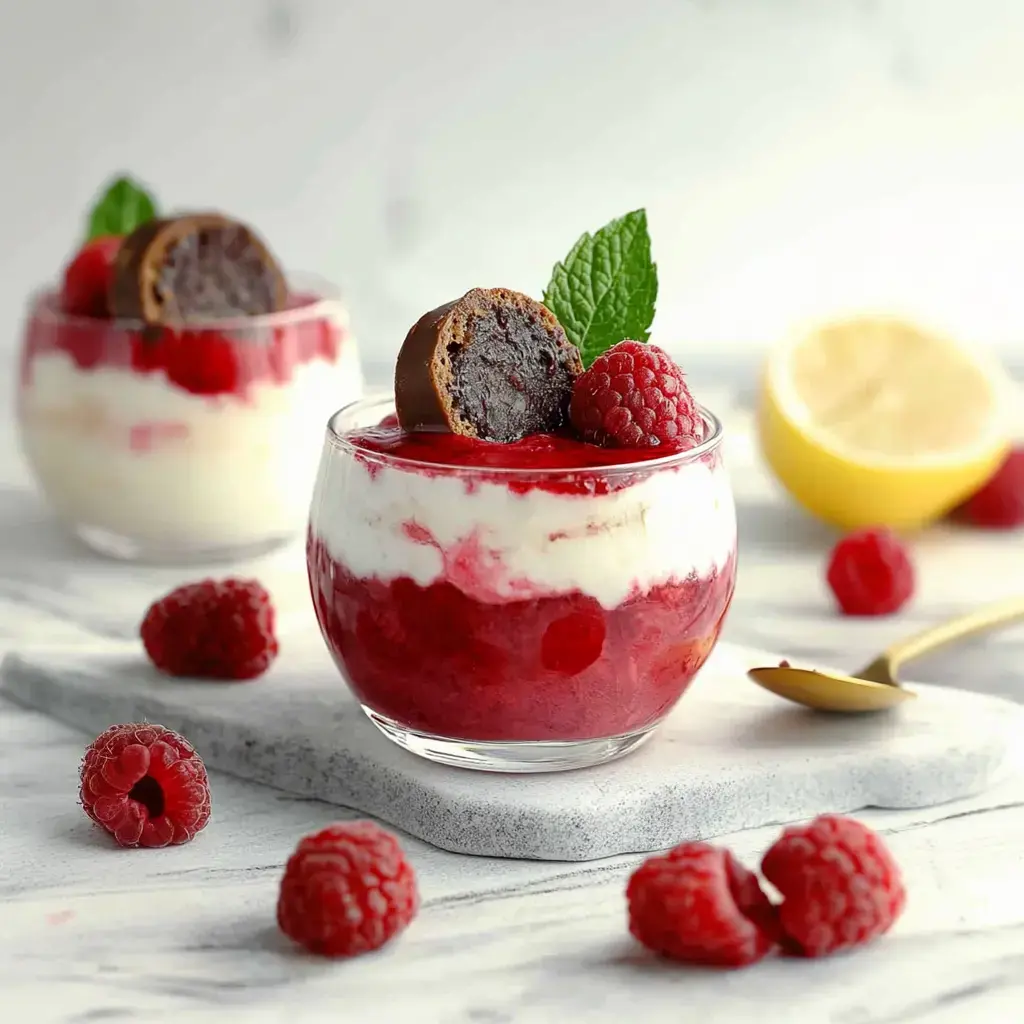 Dos vasos con un postre en capas de crema de queso fresco, puré de frambuesas y chocolate, rodeados de frambuesas frescas y una rodaja de limón.