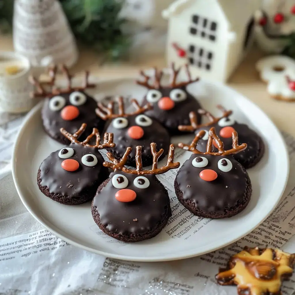 Un plato con galletas cubiertas de chocolate decoradas como renos, con cuernos de pretzel, ojos de caramelo y una nariz roja.
