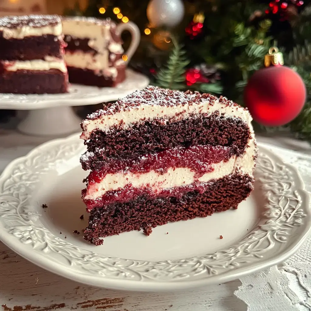 Un trozo de pastel de chocolate con crema y relleno de frutas sobre un plato blanco, con decoración festiva en el fondo.
