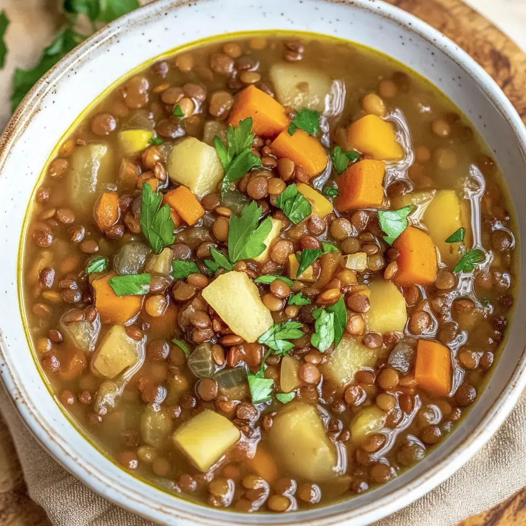 Un tazón lleno de sopa de lentejas con zanahorias naranjas, hojas verdes, papas amarillas y lentejas marrones.